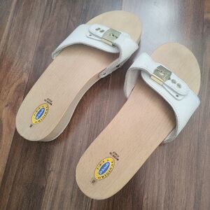 Dr. Scholl's White Slide Clogs with Gold Buckle